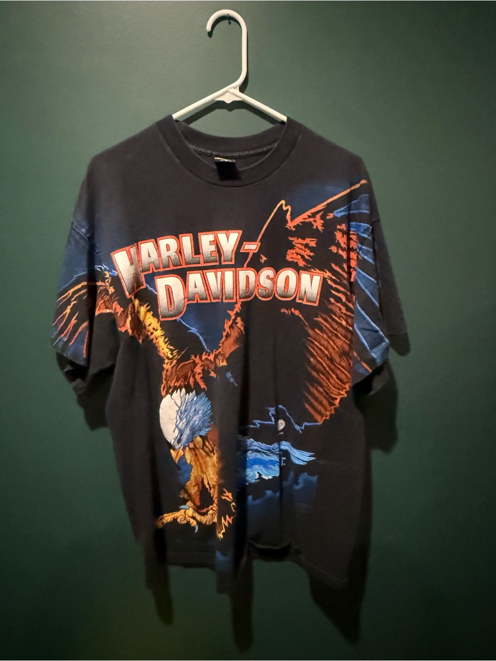 Harley-Davidson Black Short Sleeve Tee with Orange & Blue Eagle Graphic